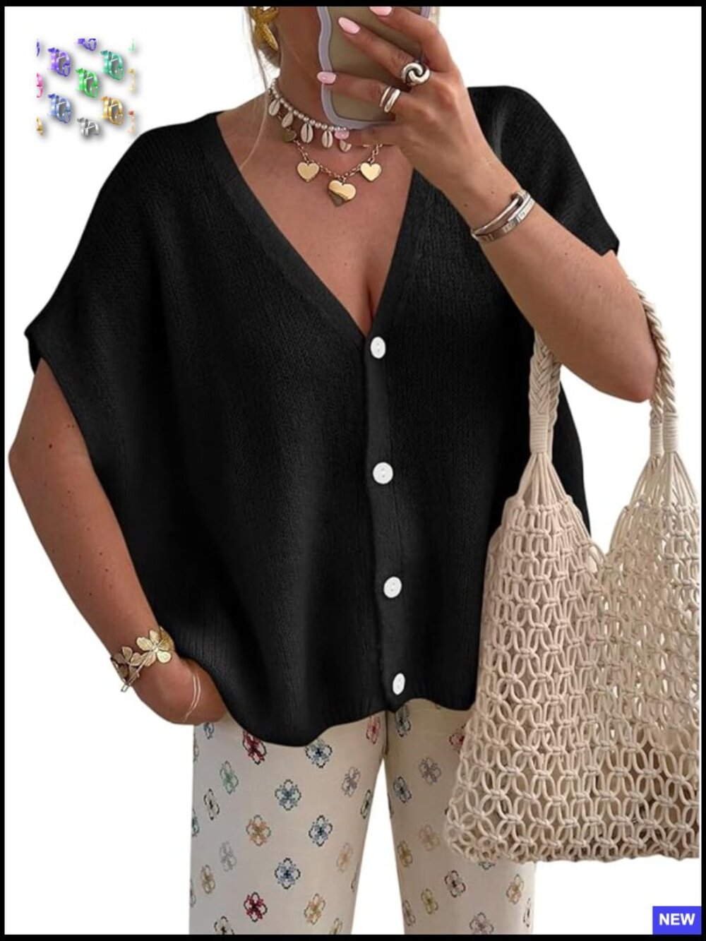 Oversized Batwing Short Sleeve Cardigan Lightweight V Neck Button Knit Sweater